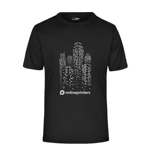 T-shirt nera in poliestere a maniche corte.