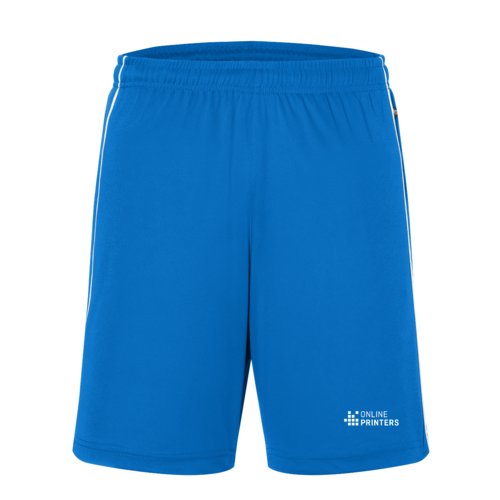 Pantaloncini blu in poliestere con elastico in vita e coulisse.