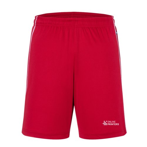 Pantaloncini rossi in poliestere con elastico in vita e strisce bianche.