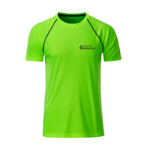 T-shirt sportiva verde da uomo in materiale funzionale con maniche corte.