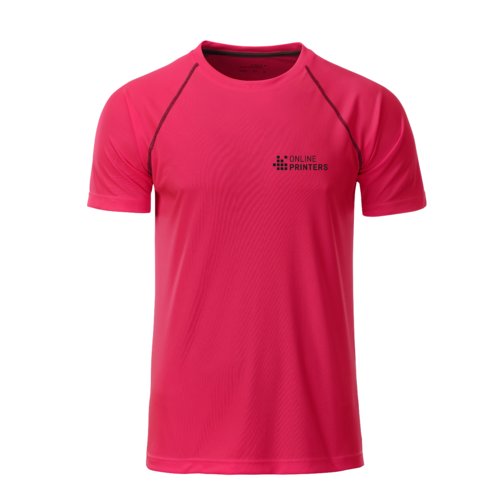 T-shirt sportiva da uomo in poliestere rosa neon/grigio a maniche corte.