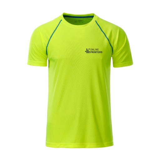 T-shirt sportiva da uomo in poliestere giallo neon/blu a maniche corte.