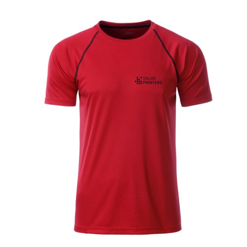 T-shirt rossa in poliestere a maniche corte.