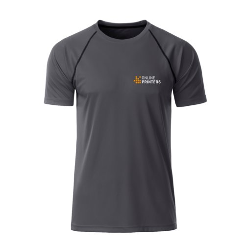 T-shirt sportiva in poliestere grigio scuro da uomo a maniche corte.