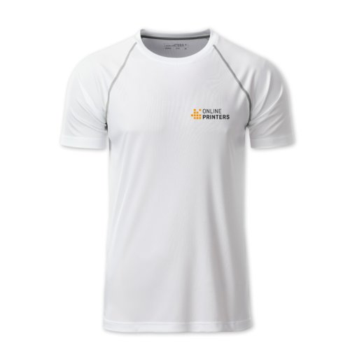 T-shirt bianca in poliestere da uomo a maniche corte.