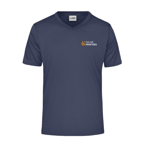 T-shirt nero-blu in poliestere con scollo a V e maniche corte.