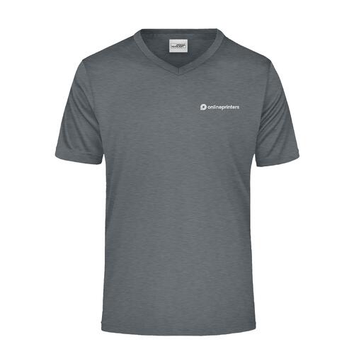 T-shirt in poliestere grigio scuro m�lange con scollo a V.