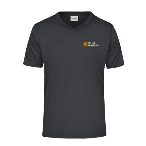 T-shirt nera in poliestere con scollo a V e maniche corte.