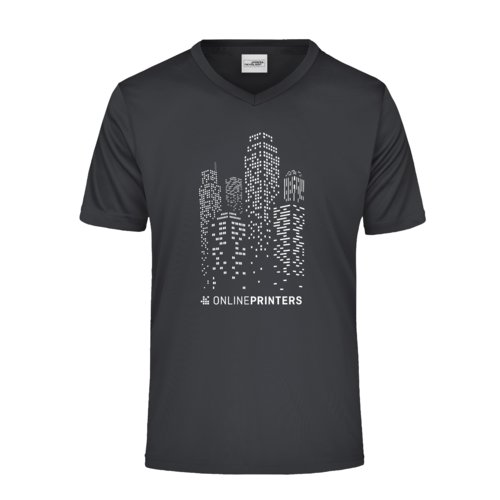 T-shirt nera da uomo in poliestere con scollo a V e maniche corte.