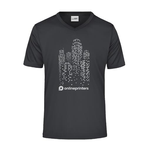 T-shirt nera da uomo in poliestere con scollo a V e maniche corte.
