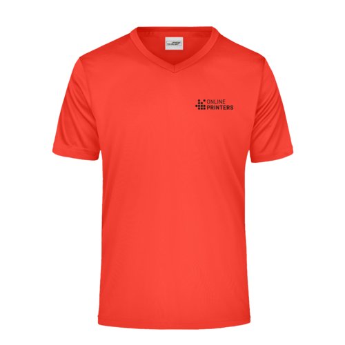 T-shirt rossa in poliestere con scollo a V e maniche corte.