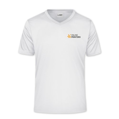 T-shirt bianca in poliestere con scollo a V e maniche corte.