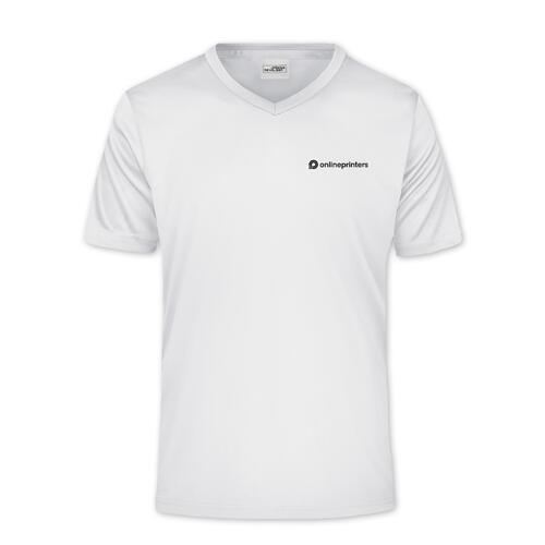 T-shirt bianca in poliestere con scollo a V e maniche corte.