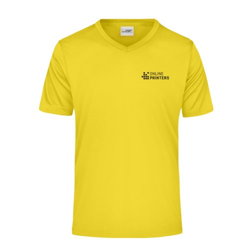 T-shirt gialla in poliestere con scollo a V e maniche corte.