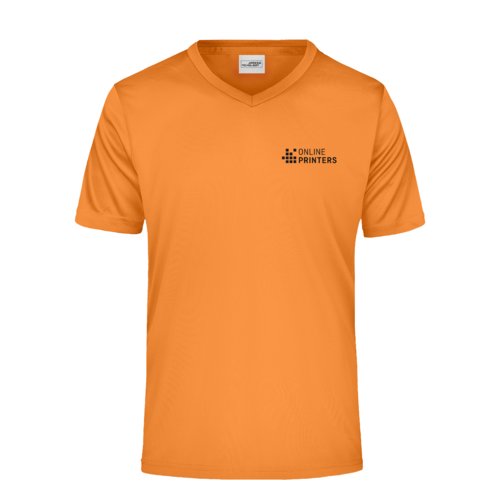 T-shirt arancione da uomo in poliestere con scollo a V e maniche corte.