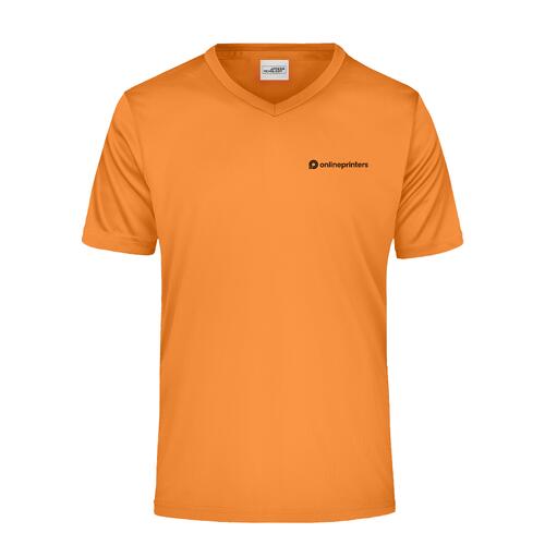 T-shirt arancione da uomo in poliestere con scollo a V e maniche corte.