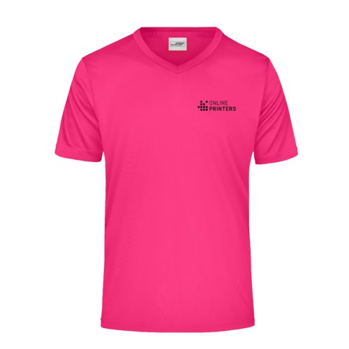 T-shirt rosa da uomo in poliestere con scollo a V e maniche corte.