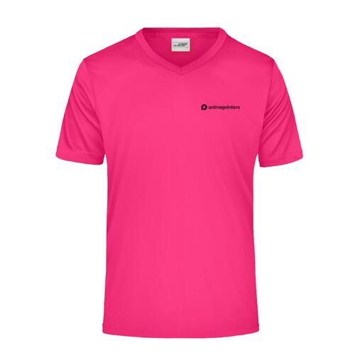 T-shirt rosa da uomo in poliestere con scollo a V e maniche corte.