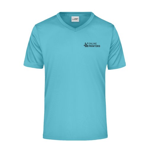 T-shirt da uomo turchese in poliestere con scollo a V.