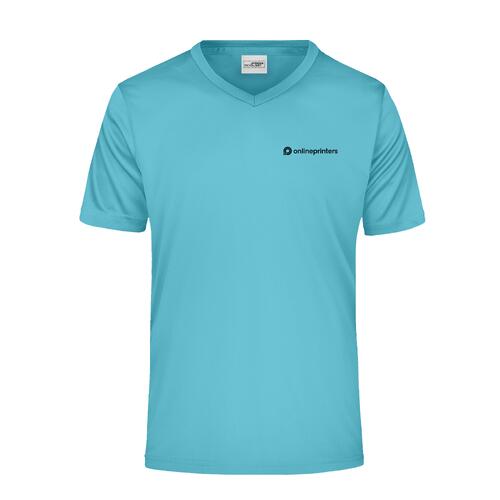 T-shirt da uomo turchese in poliestere con scollo a V.