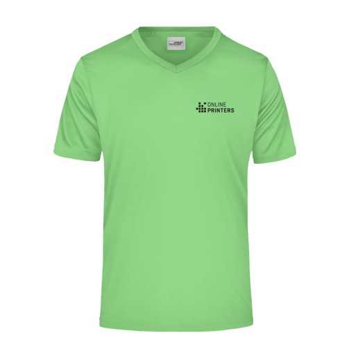 T-shirt verde mela in poliestere con scollo a V e maniche corte.