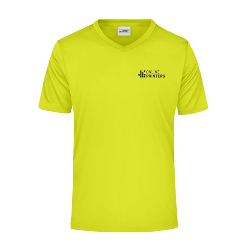 T-shirt da uomo in poliestere giallo neon con scollo a V e maniche corte.