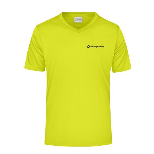 T-shirt da uomo in poliestere giallo neon con scollo a V e maniche corte.