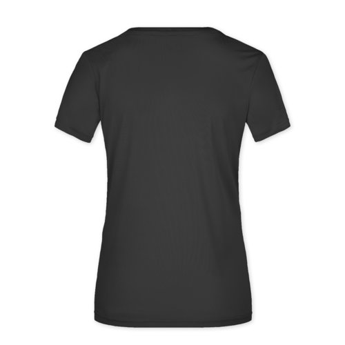 T-shirt nera da donna in poliestere a maniche corte.