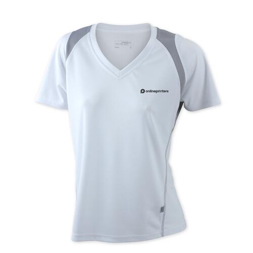 Maglietta da running bianca da donna in poliestere con scollo a V.