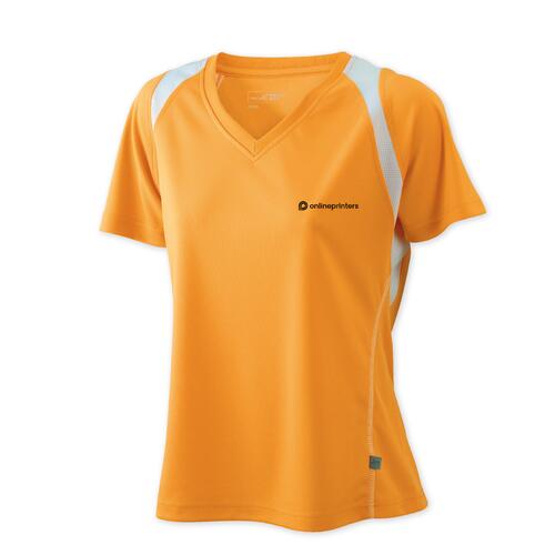 Maglietta da running arancione da donna in poliestere con scollo a V.