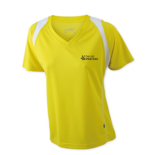 Maglietta da running gialla da donna in poliestere con scollo a V e maniche corte.