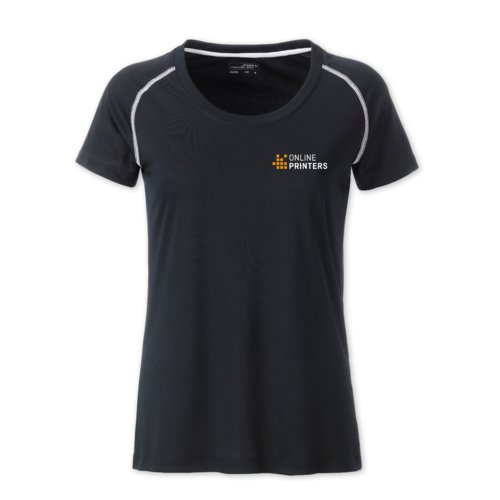 T-shirt sportiva da donna in tessuto scuro con maniche corte.