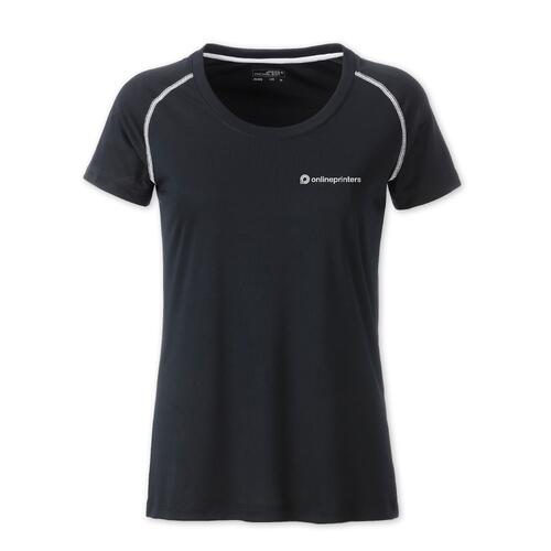 T-shirt sportiva da donna in tessuto scuro con maniche corte.