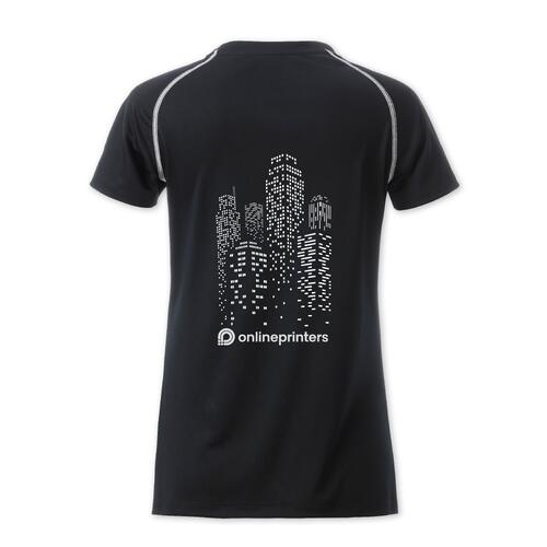 T-shirt sportiva da donna in poliestere bianco e nero.