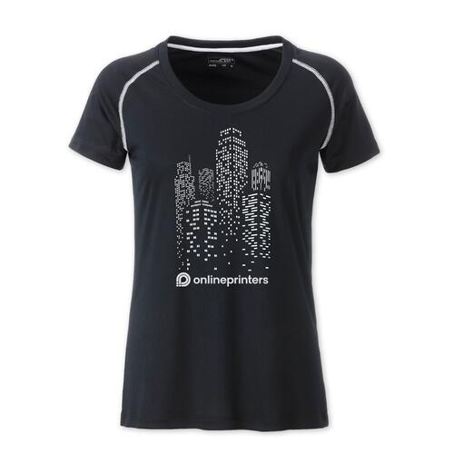 T-shirt sportiva nera e bianca da donna in poliestere traspirante.