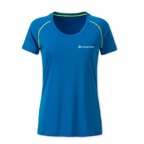 T-shirt blu da donna in poliestere con maniche corte.