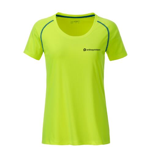 T-shirt sportiva da donna in poliestere giallo neon/blu con maniche corte.