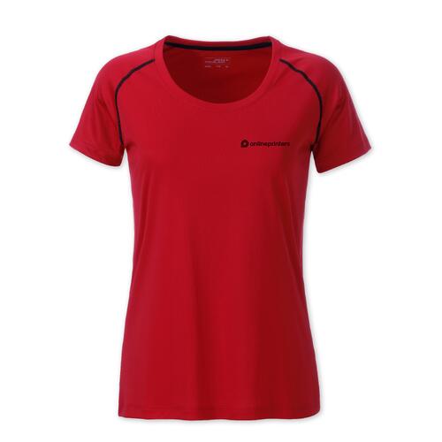 T-shirt rossa in poliestere da donna a maniche corte.