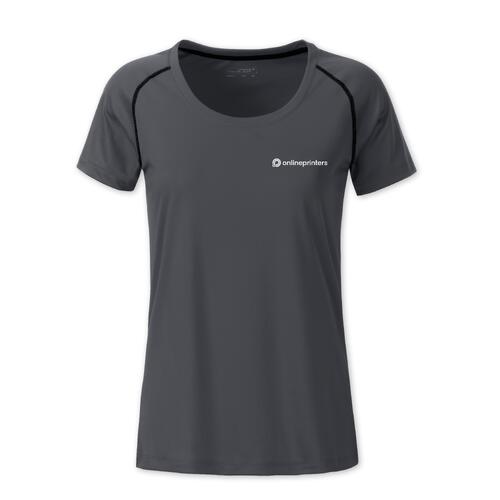 T-shirt sportiva da donna in poliestere grigio scuro con maniche corte.