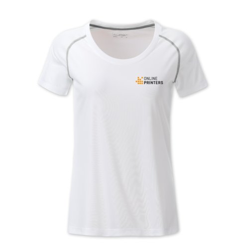 T-shirt bianca in poliestere da donna con maniche corte.