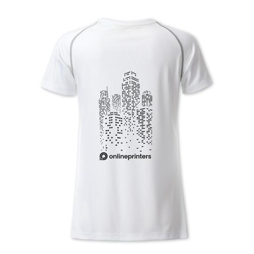 T-shirt bianca in poliestere da donna con maniche corte.