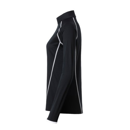 Maglia nera a maniche lunghe da donna in poliestere con taglio sportivo.