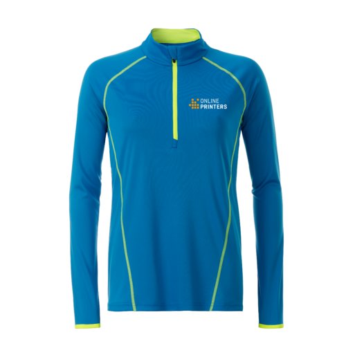 Maglia a maniche lunghe in poliestere blu e giallo neon con cerniera corta.