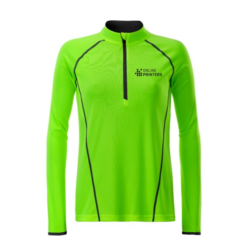 Maglia a maniche lunghe in poliestere verde neon con zip da donna.
