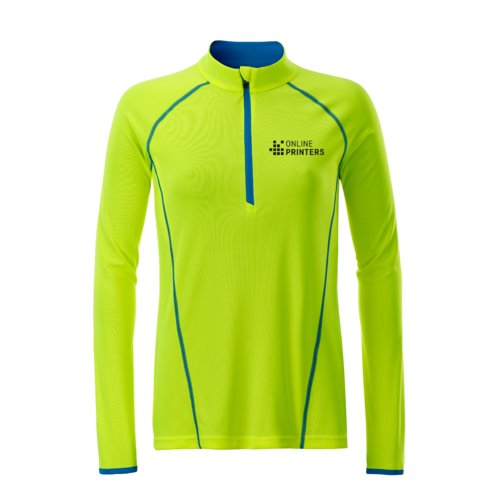 Maglia a maniche lunghe in poliestere giallo neon da donna con zip.