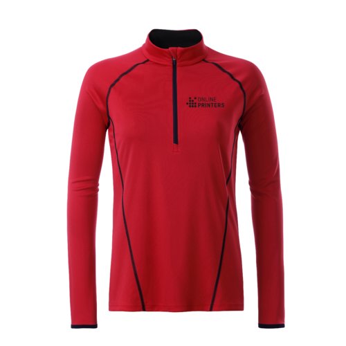 Maglia a maniche lunghe rossa in poliestere con zip corta da donna.