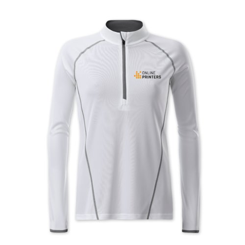 Maglia bianca a maniche lunghe in poliestere con zip da donna.