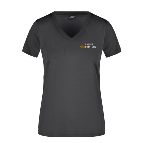T-shirt nera da donna in poliestere con scollo a V.