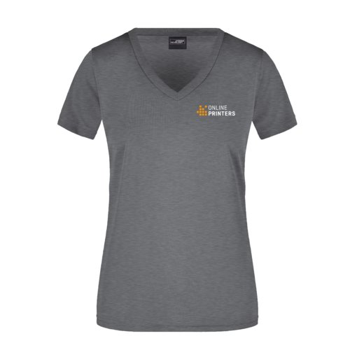 T-shirt da donna in poliestere grigio scuro mlange con scollo a V.