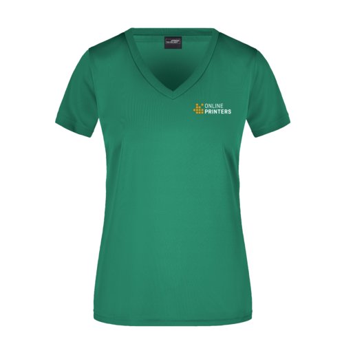 Maglietta funzionale verde da donna con scollo a V e maniche corte.